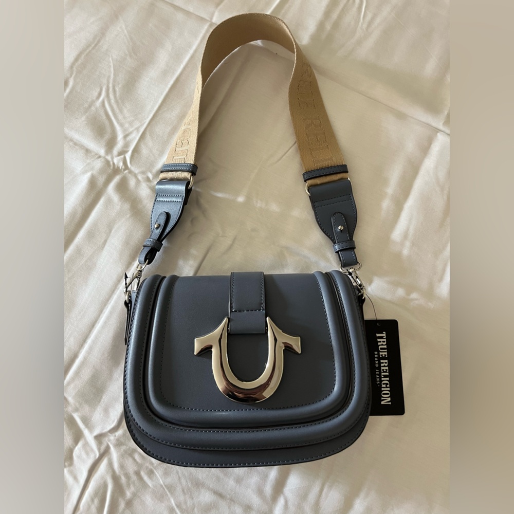 True Religion Blue Crossbody Bag with Tan Strap